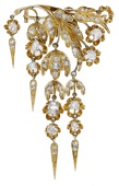 A 19th century diamond brooch, the foliate spray set throughout with vari-cut diamonds, suspending a similarly-set...