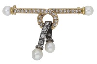 A late 19th century pearl and diamond brooch, the knotted bar set with rose-cut diamonds and pearl terminals,...