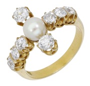 An antique pearl and diamond ring, of cruciform design, set with a pearl amongst old brilliant-cut diamonds, (pearl...