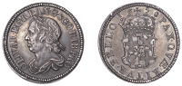 Oliver Cromwell, Shilling, 1658, by J.S. Tanner [struck in 1738], in silver, on a thick flan, no berries on wreath,...