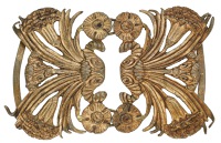 A French gilt bronze twin section buckle by Line Vautin, 20th century, modelled with sprays of carnations in bud and...