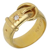 A 22ct gold antique diamond ring, of buckle design, set with an old brilliant-cut diamond highlight, Birmingham...