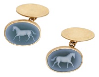 A pair of 9ct gold cameo cufflinks, each carved to depict the profile of a horse, to chain connectors, maker’s...