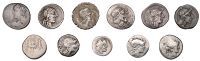 Roman Republican Coinage, M. Vargunteius, Denarius, c. 130, helmeted head of Roma right, m var g behind, x crossed...