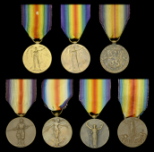 Allied Victory Medals: Belgium; Czechoslovakia; France; Great Britain (102615 Bmbr. A. Hunt. R.A.); Italy; Japan, in...