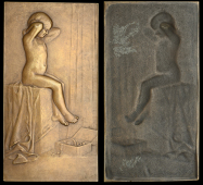 France, Fillette aux Bijoux, c. 1920, a uniface bronze plaque by P.-C. Lenoir, naked girl seated, trying on a...