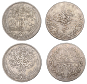 Egypt, Abdul Hamid II, 20 Qirsh, AH 1325 (1907h), Heaton mint (KM 296); Hussein Kamel, 20 Qirsh or Piastres, AH 1335...