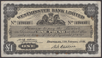 Westminster Bank Limited, £1, 11 February 1944, serial number 170137, Callin and Flinn signatures, a few rust...