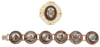 A 19th century goldstone and micromosaic bracelet and brooch, the bracelet composed of six circular micromosaic...