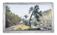 An enamel brooch, probably early 20th century, the rectangular polychrome enamel plaque depicting a riverside...