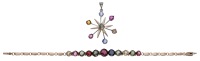 A gem-set bracelet and pendant, set with a graduated row of circular-cut gemstones to include garnet, tourmaline,...