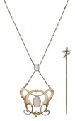 An Art Nouveau pendant and stickpin, of whiplash design, set with two oval opal cabochons, to a cable-link chain,...