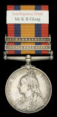 Queen’s South Africa 1899-1902, 2 clasps, Orange Free State, Johannesburg (Mr. K. B. Gloag. Intell: Dept:)...