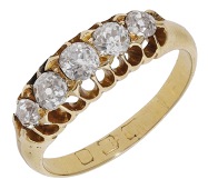 An early 20th century diamond five stone ring, set with graduated old brilliant-cut diamonds, mounted in gold,...