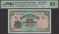 Chartered Bank, Hong Kong, specimen $5, 1 July 1961, serial number S/F 0000000, Millar and Reynolds signatures, in...