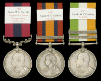 A fine Second Boer War D.C.M. group of three awarded to Agent and Guide W. C. Carlisle, Field Intelligence...