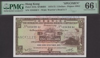 Hong Kong & Shanghai Banking Corporation, archival specimen $5, 31 October 1973, serial number 123456EV, Turner and...