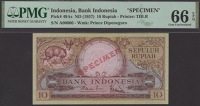 Bank Indonesia, specimen 10 Rupiah, ND (1957), serial number A00000, red SPECIMEN overprints, in PMG holder 66 EPQ,...