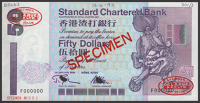 Standard Chartered Bank, Hong Kong, specimen $50, 1 January 1995, serial number F000000, specimen number 003, red...