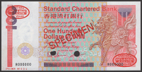 Standard Chartered Bank, Hong Kong, specimen $100, 1 January 1986, serial number R000000, specimen number 004,...