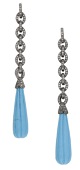 A pair of diamond ear pendants, each cable-link row of single-cut diamonds terminating in reeded blue bead drops,...