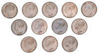 Victoria, Farthings (4), 1838, 1839, 1840, 1858 (BMC 1553, 1554, 1555, 1586; S 3950); with similar (8), various...