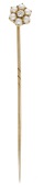 A late 19th century seed pearl and diamond stickpin, of flowerhead design, the old brilliant-cut diamond within a...