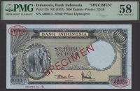 Bank Indonesia, specimen 1000 Rupiah, ND (1957), serial number A0000, specimen number 5, red SPECIMEN overprints and...