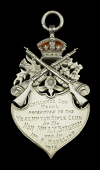 Yealmpton Rifle Club Challenge Cup Medal, a silver shield, hallmarks for Birmingham 1913, with crossed rifles and...