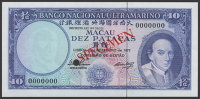 Banco Nacional Ultramarino, Macau, specimen 10 Patacas, 7 December 1977, serial number 0000000, specimen number 030,...