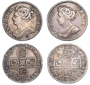 Anne, Shillings (2), 1709, third bust, 1714, fourth bust, roses and plumes (ESC 1402, 1412; S 3610, 3617) [2]. Both...