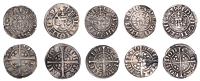 Edward I, Pennies (5), class 2a, London, 1.31g/12h (S 1385); class 3c, Bristol, 1.14g/12h (S 1389); class 3g,...