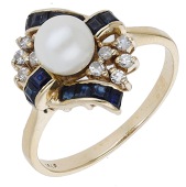 A gem-set dress ring, the stylised cluster set with a cultured pearl, calibré-cut sapphires and single-cut...