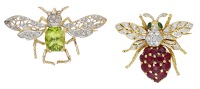 Two gem-set bee brooches, realistically modelled with pierced wings, the first set with brilliant-cut diamonds and...