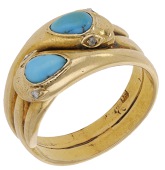 A late 19th century double serpent ring, the heads set with turquoise cabochons and rose-cut diamond eyes, the...