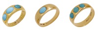 Three late 19th - early 20th century turquoise rings, comprising two three stone cabochon rings, the first three...