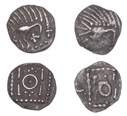 Early Anglo Saxon Period, Sceattas (2), Continental series E, variety J, plumed bird-like figure, cross below beak,...