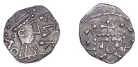 Early Anglo-Saxon Period, Sceatta, Primary Series C2, radiate bust right, chevron behind, two pellets above and...