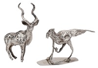 A silver model of a kudu and a secretary bird by Silver Creations, both realistically fashioned, the secretary bird...