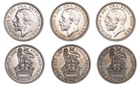 George V (1910-1936), Shillings (3), 1934, 5.67g/12h (ESC 3847; S 4039); 1935, 5.68g/12h (ESC 3850; S 4039); 1936,...