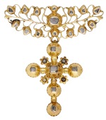 A late 18th century diamond brooch, Iberian, the openwork foliate surmount suspending a detachable cross with...