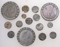 James I, Farthings (12), several types, some unofficial; George III, Twopences (3), both 1797 (S 3776) [15]. Poor to...