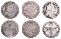 William III, Sixpences (3), 1697y, 1697e, large crowns 1699 roses (ESC 1246, 1280, 1298; S 3547, 3530, 3536 [3]....