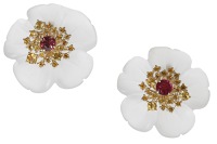 A pair of 14ct gold, rock crystal and gem-set earrings by Fei Liu, the frosted rock crystal flowerheads with...