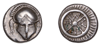 Thrace, Mesembria, Diobol, 400-300, Corinthian helmet facing, rev. wheel containing m e t a, 1.28g (SNG BMC I, 268)....