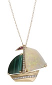 A 14ct gold and gem-set brooch / pendant by Fei Liu, modelled as a sailing boat, the jib set with opal, the main...