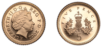 Elizabeth II (1952-2022), Decimal issues, Proof Five Pence, 2002, Rank-Broadley type, in gold, edge grained,...