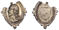 Charles I, a cast and chased silver-gilt Royalist badge by T. Rawlins, large bare-headed bust left with falling lace...
