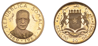 Somalia, Somali Republic, Proof 20 Shillings, 1965, 5th Anniversary of Independence, Unuaerre mint, 2.80g/6h (KM...