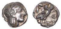 Attica, Athens, Tetradrachm, late standardised type, c. 440-405, helmeted head of Athena right, rev. owl standing...